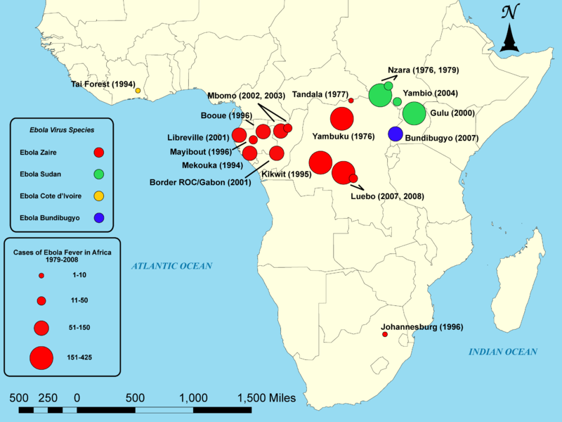 Карта распространения лихорадки Эбола в Африке до 2014 года.